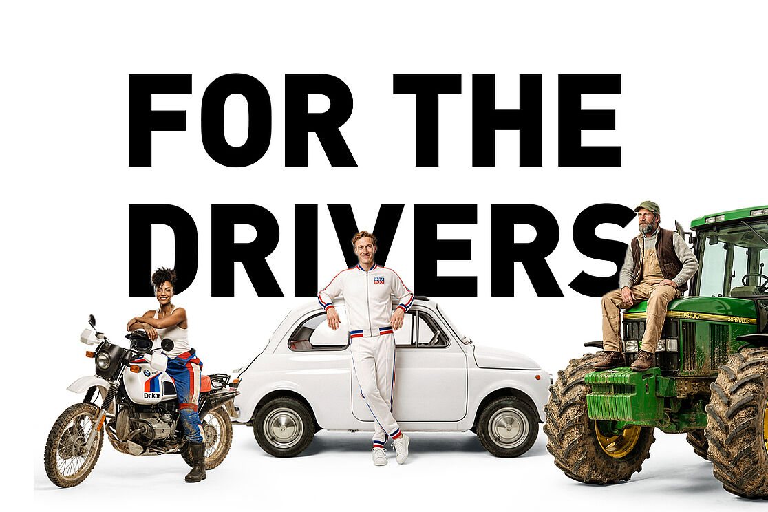 “FOR THE DRIVERS” is written in black in the background. On the left, there is a woman on a motorcycle, in the center a man with a car, and on the right a man on a tractor.